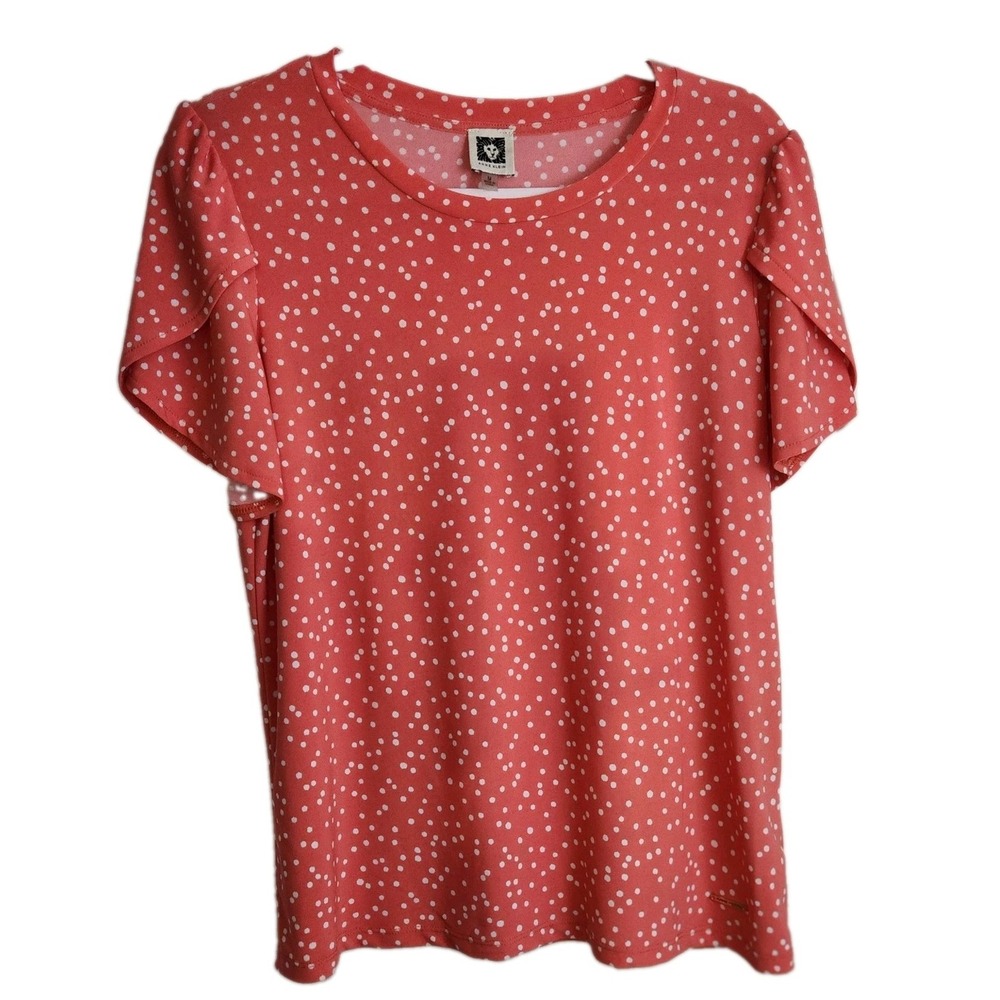 Anne Klein Blouse Coral/White Dot Short Flutter Sleeve Shirt Women's MEDIUM
